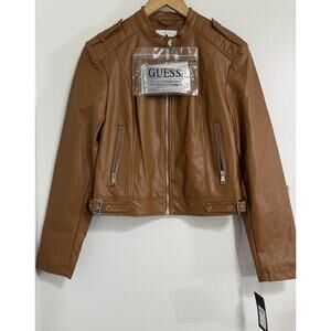 $160 GUESS Women's Faux-Leather Moto Jacket with Snap Collar Cognac Tan Size M